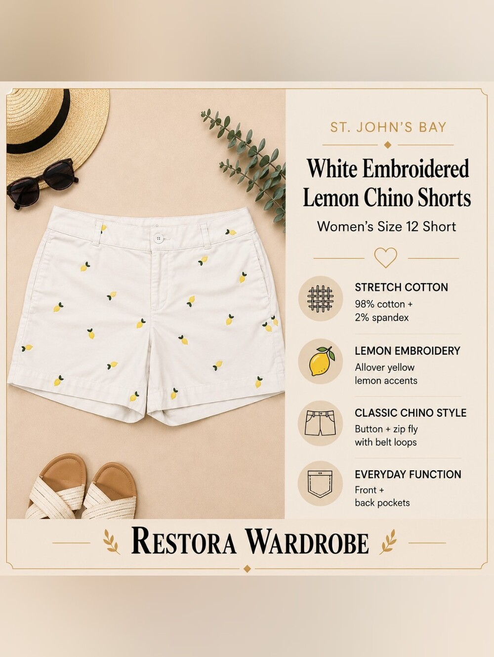 St. John’s Bay Lemon Embroidered Chino Shorts White Size 12 Short Stretch